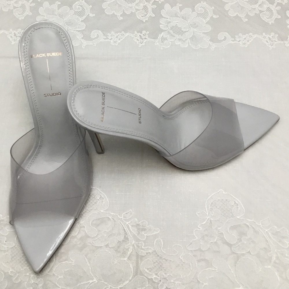 BLACK SUEDE Elegant Gray Stiletto Heels with Glossy Finish